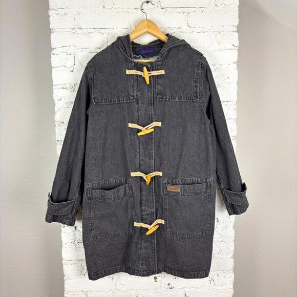 90’s Y2K Denim & Co Toggle Button Fleece Lined Denim Chore Trench Jacket - Picture 1 of 12